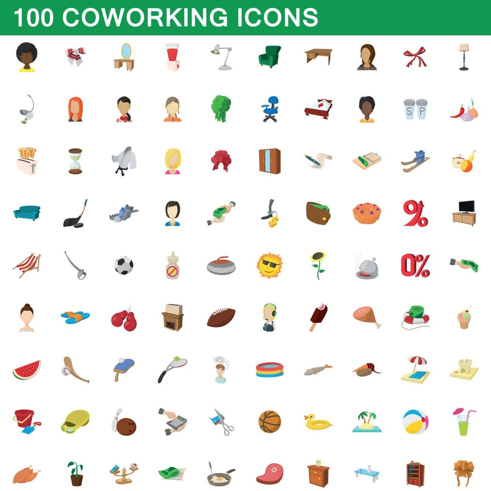 100 coworking iconen set, cartoon stijl vector