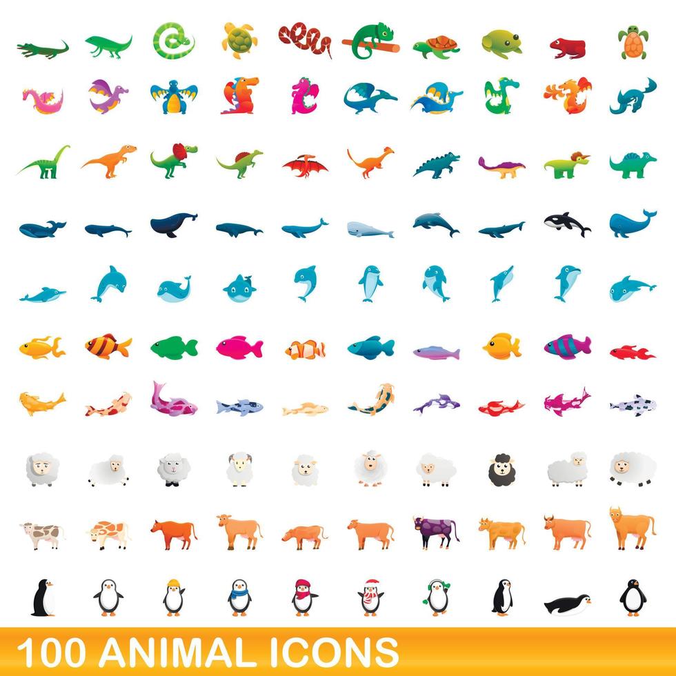 100 dieren iconen set, cartoon stijl vector