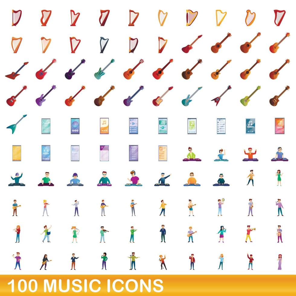 100 muziek iconen set, cartoon stijl vector