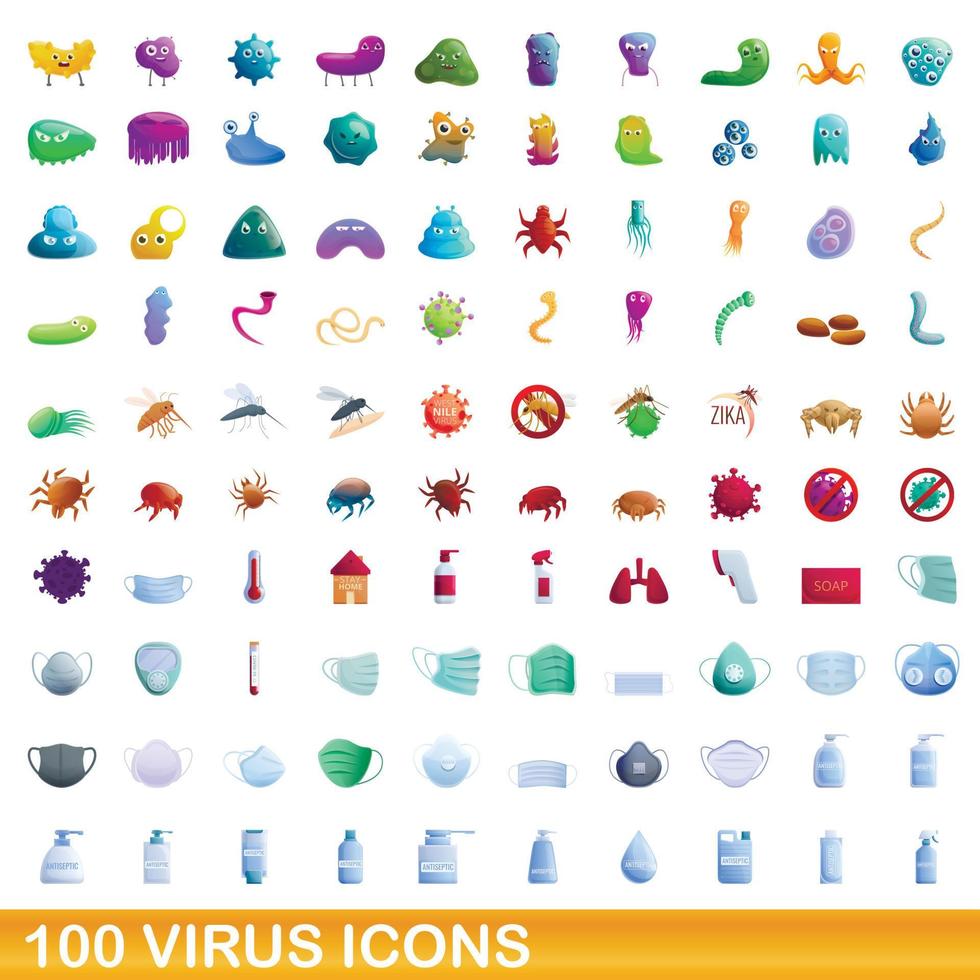 100 virus iconen set, cartoon stijl vector