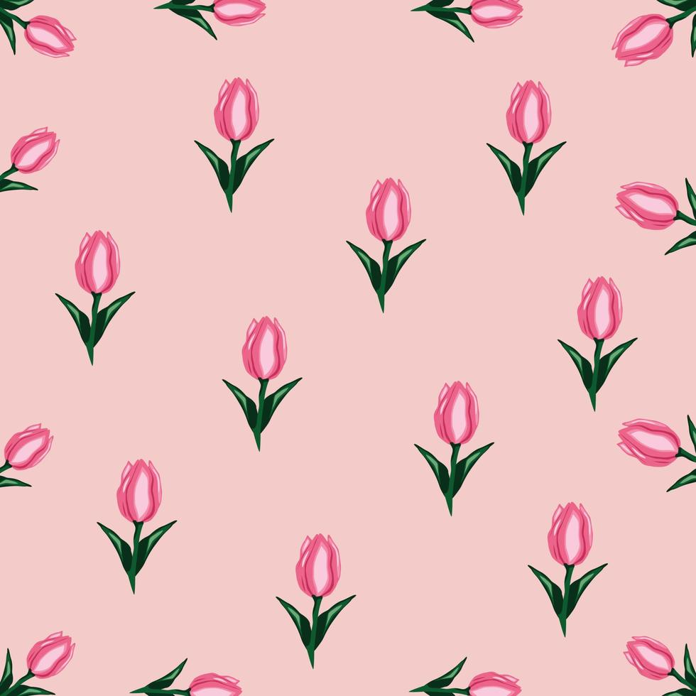 tulpen naadloos patroon op roze achtergrond. lente bloemen afdrukken. perfecte sjabloon voor modestoffen, inpakpapier, boekomslagen, tijdschriften. vectorillustratie. bloemmotief met roze tulpen. vector