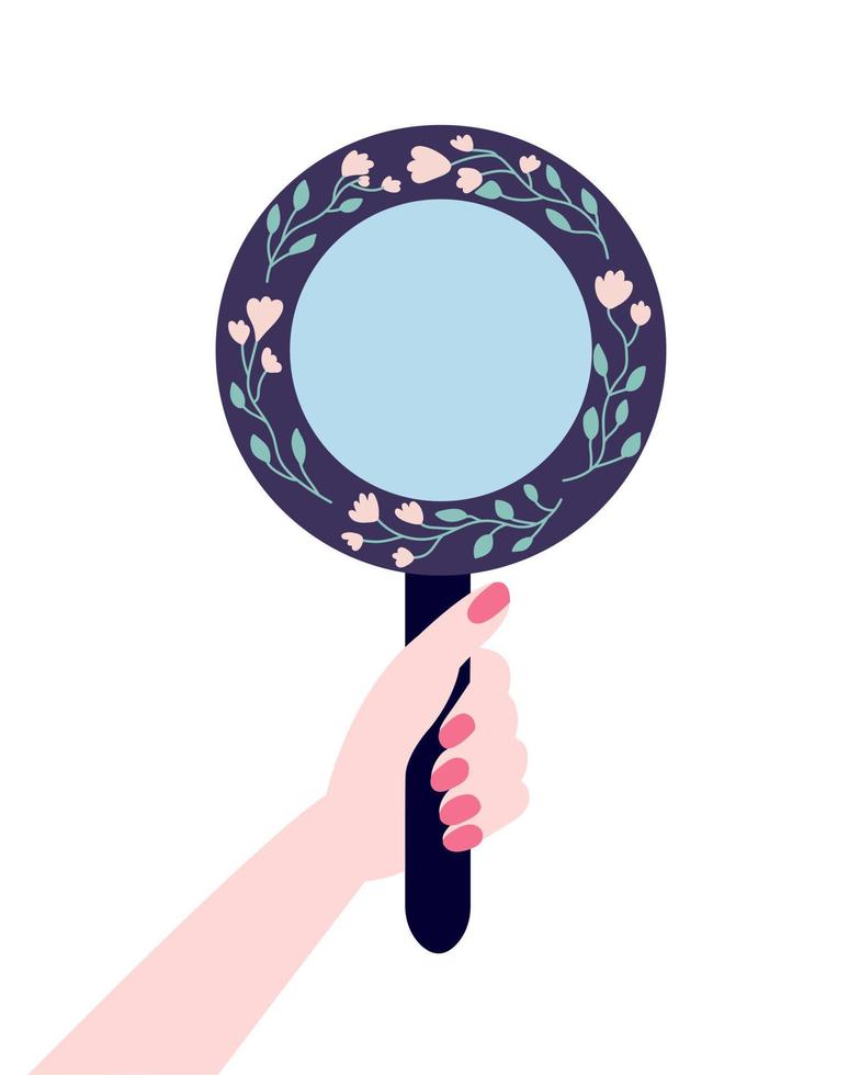 vrouwelijke hand met ronde spiegel met bloemen vectorillustratie. spiegel in vlakke stijl met bloemen vector