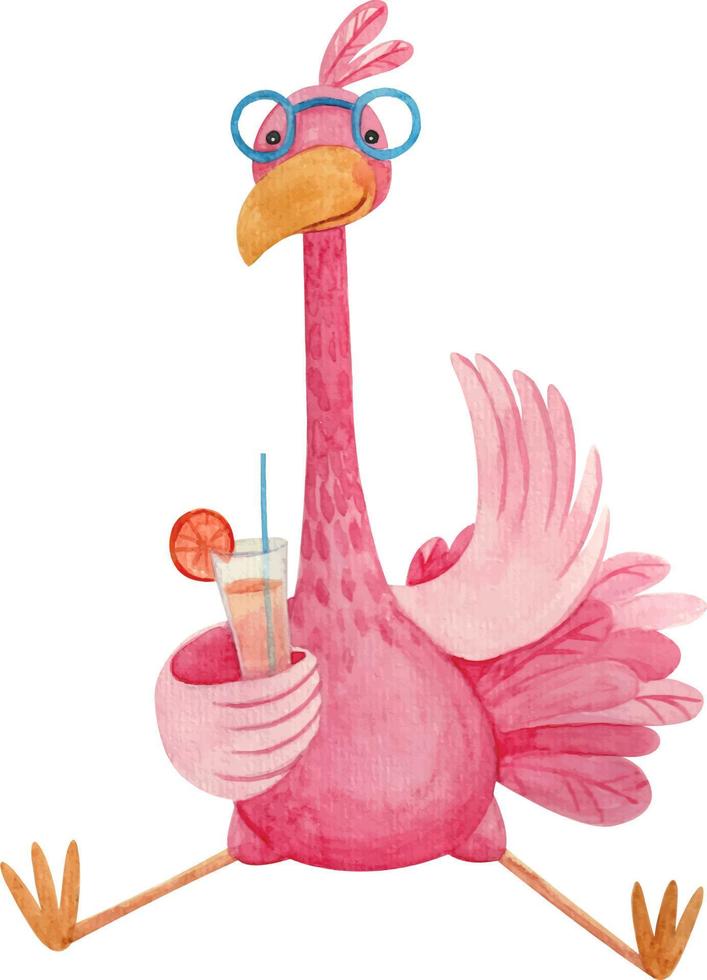 aquarelillustratie voor kinderen met een flamingo die een cocktail vasthoudt vector