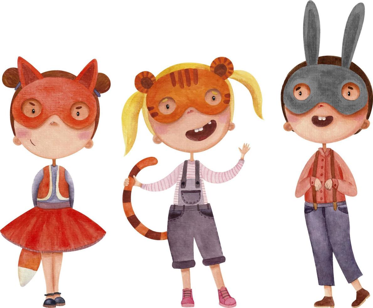 een set aquarelillustraties met kinderen gekleed in dierenkostuums, een vos, een haas en een tijger vector
