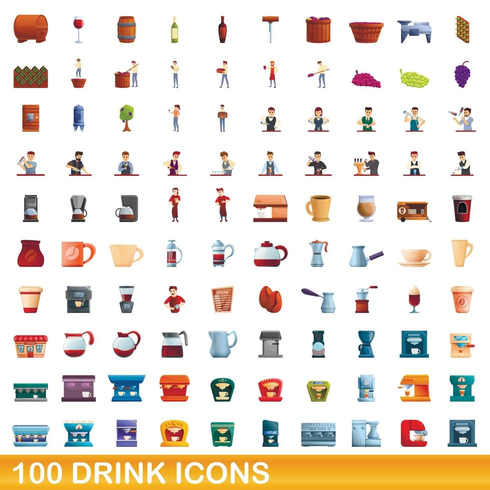 100 drank iconen set, cartoon stijl vector