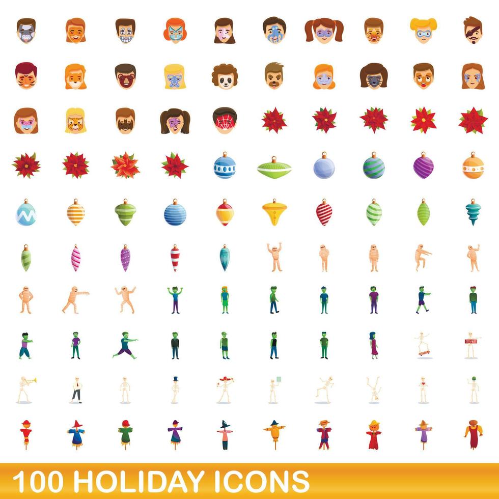 100 vakantie iconen set, cartoon stijl vector