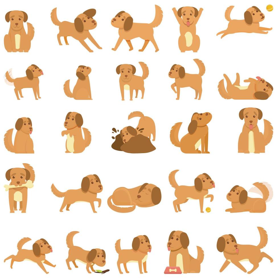 speelse hond iconen set, cartoon stijl vector