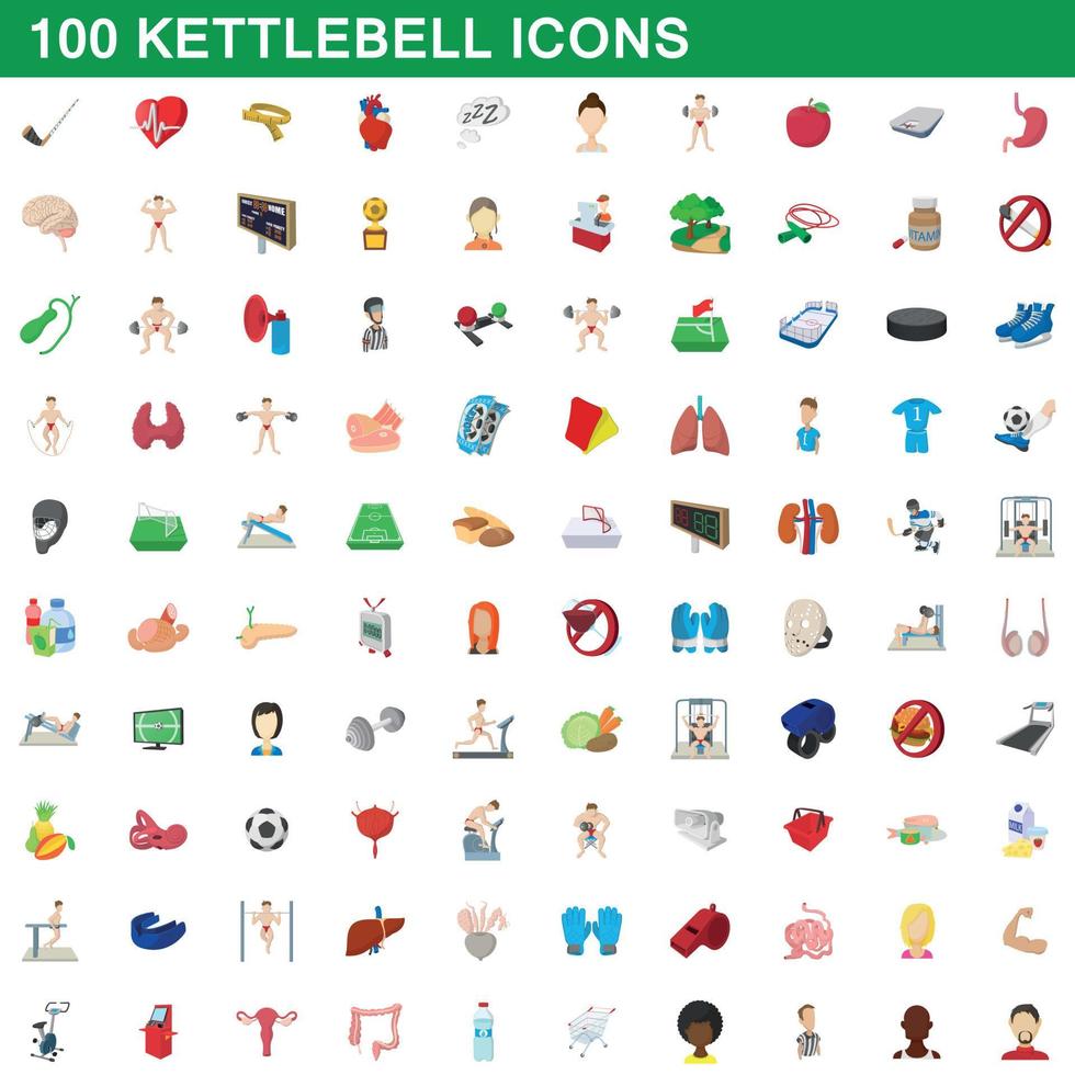 100 kettlebell iconen set, cartoon stijl vector