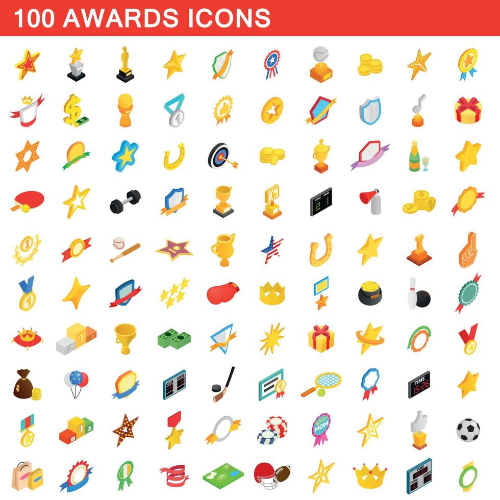 100 awards iconen set, isometrische 3D-stijl vector