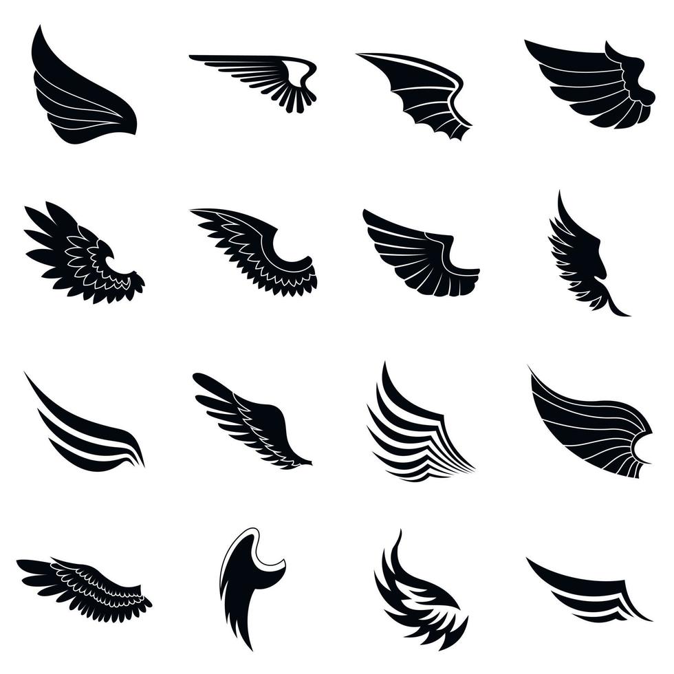 vleugels iconen set, zwarte eenvoudige stijl vector