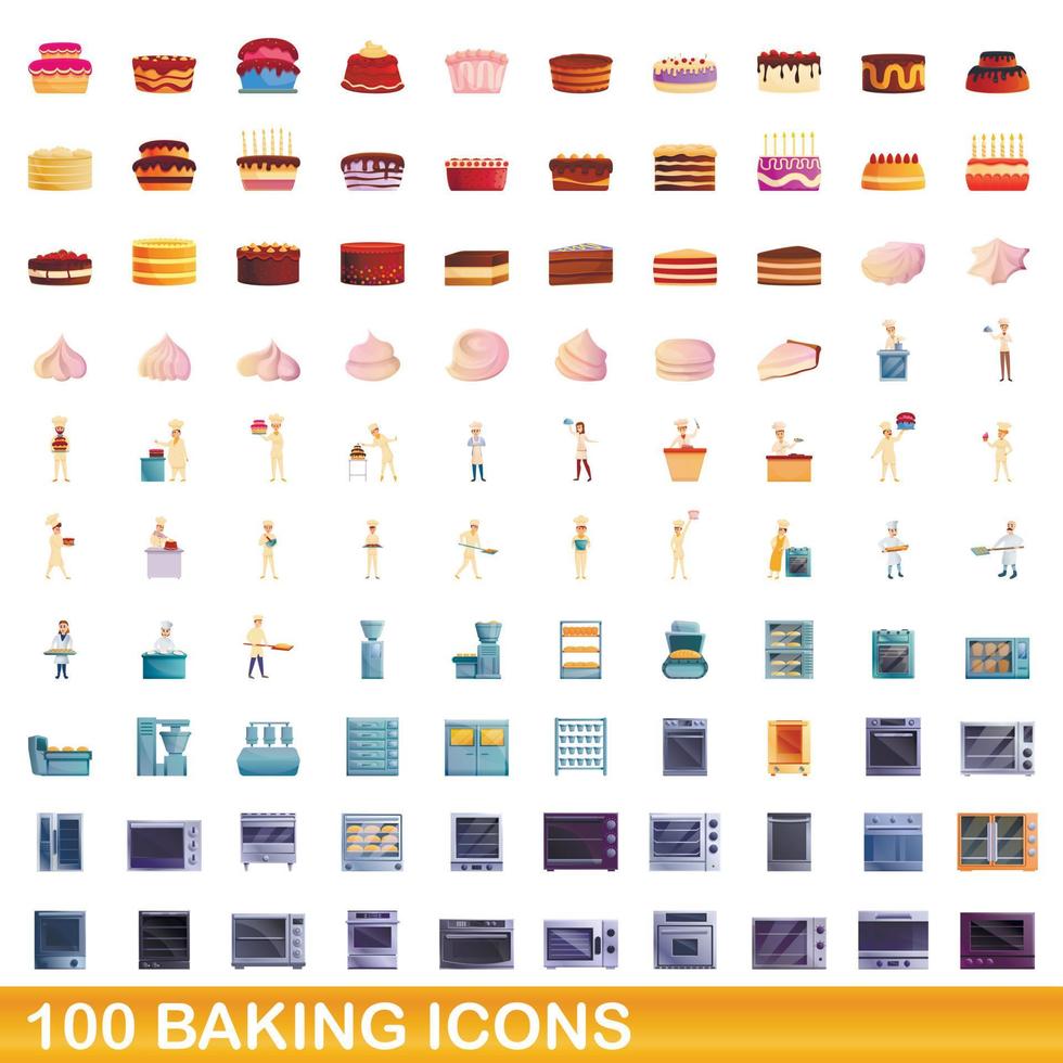 100 bakken iconen set, cartoon stijl vector