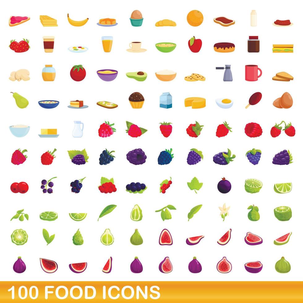 100 voedsel iconen set, cartoon stijl vector