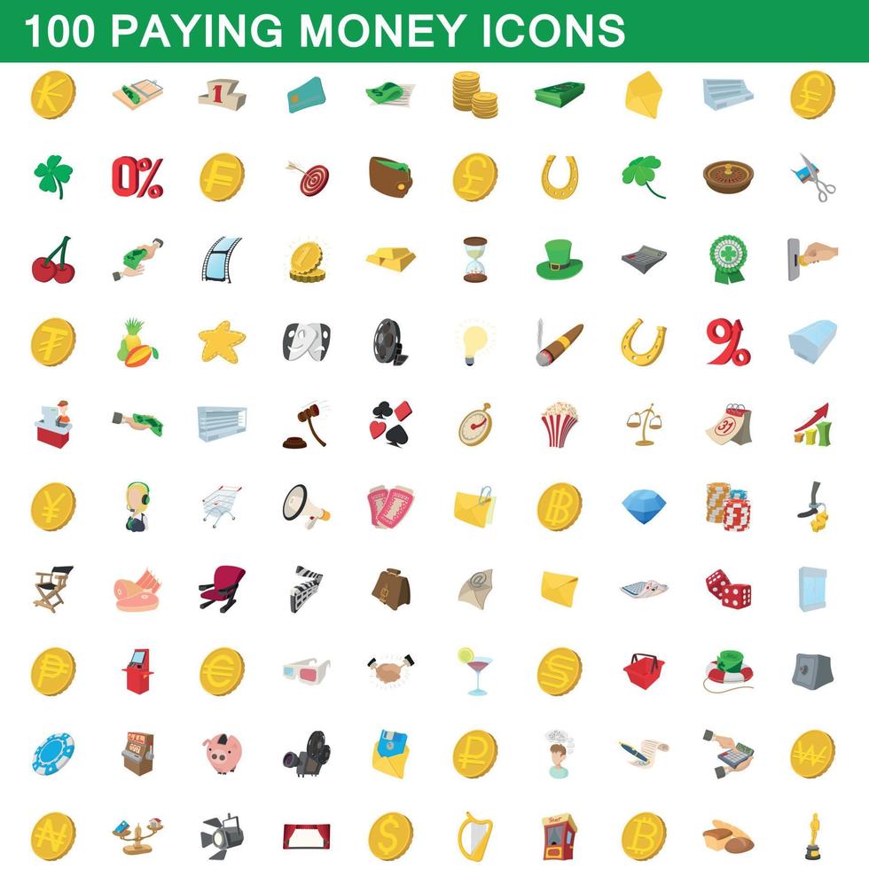 100 betalende geld iconen set, cartoon stijl vector