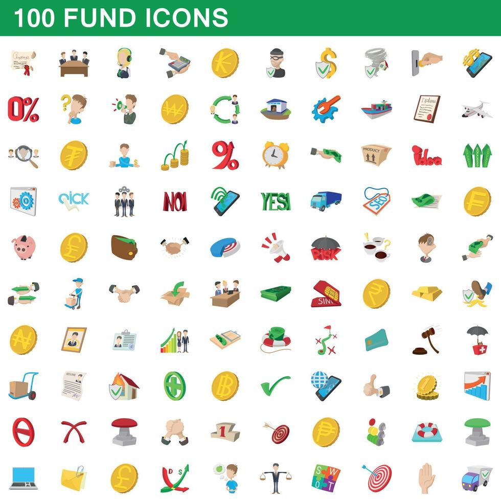 100 fonds iconen set, cartoon stijl vector