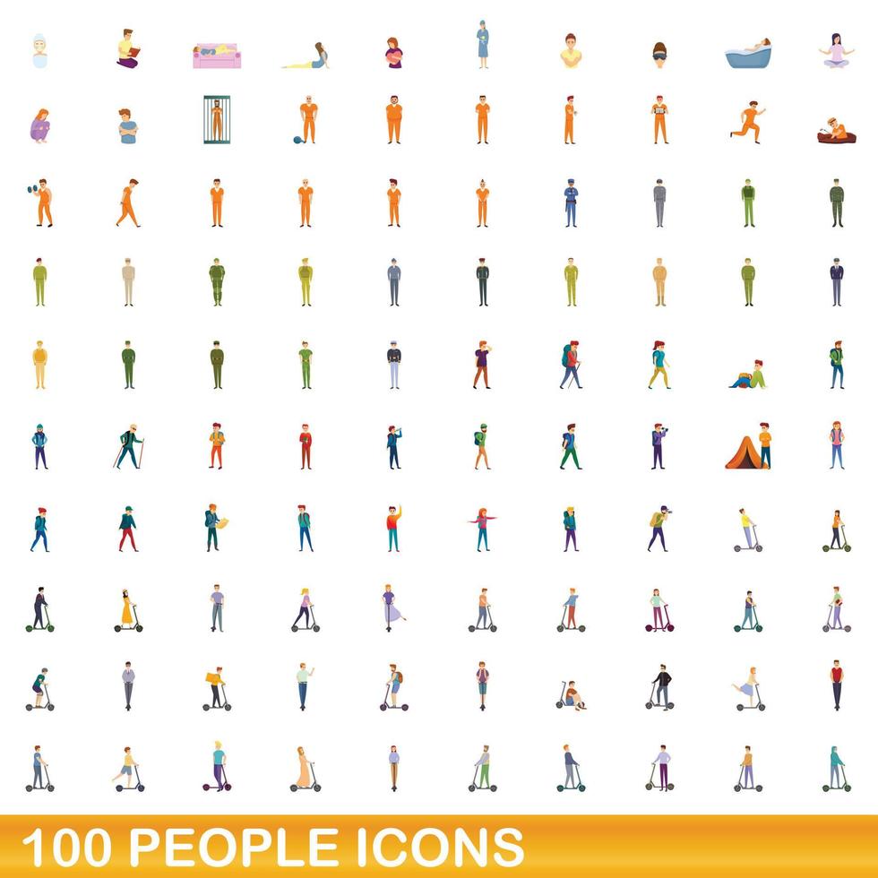 100 mensen iconen set, cartoon stijl vector