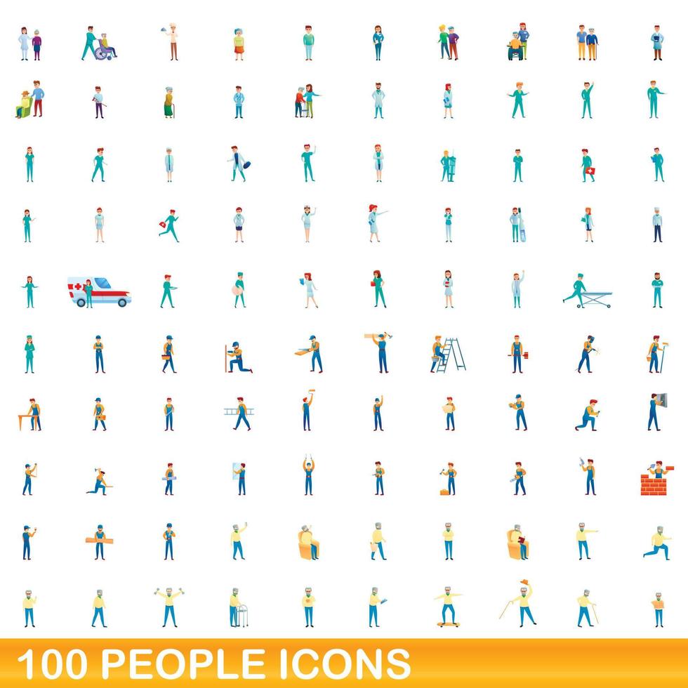 100 mensen iconen set, cartoon stijl vector