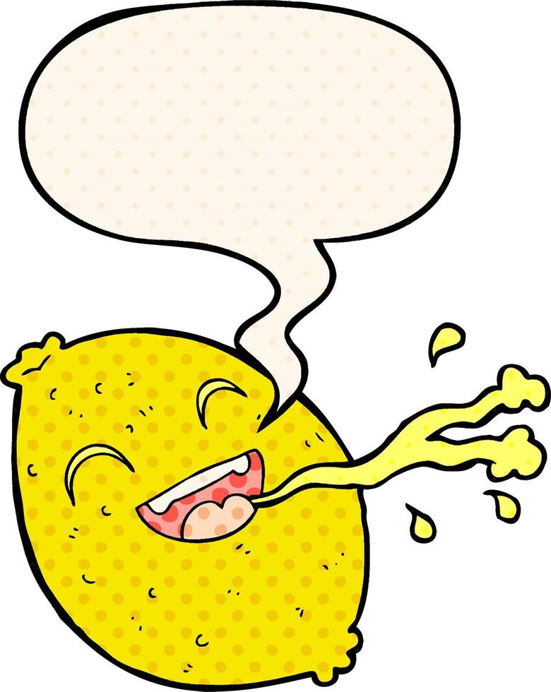 cartoon spuitende citroen en tekstballon in stripboekstijl vector
