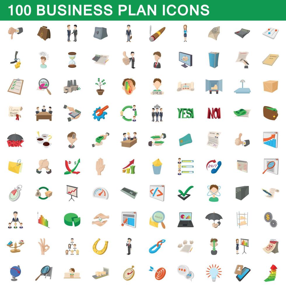 100 businessplan iconen set, cartoon stijl vector