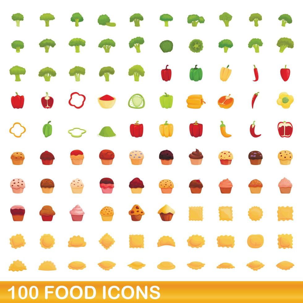 100 voedsel iconen set, cartoon stijl vector