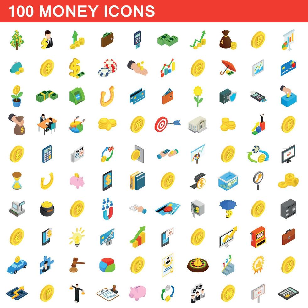 100 geld iconen set, isometrische 3D-stijl vector