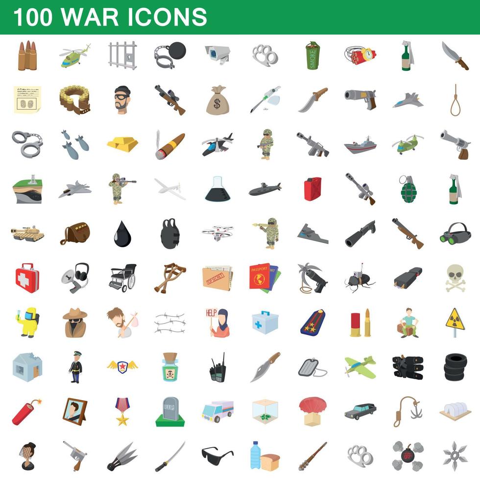 100 oorlog iconen set, cartoon stijl vector