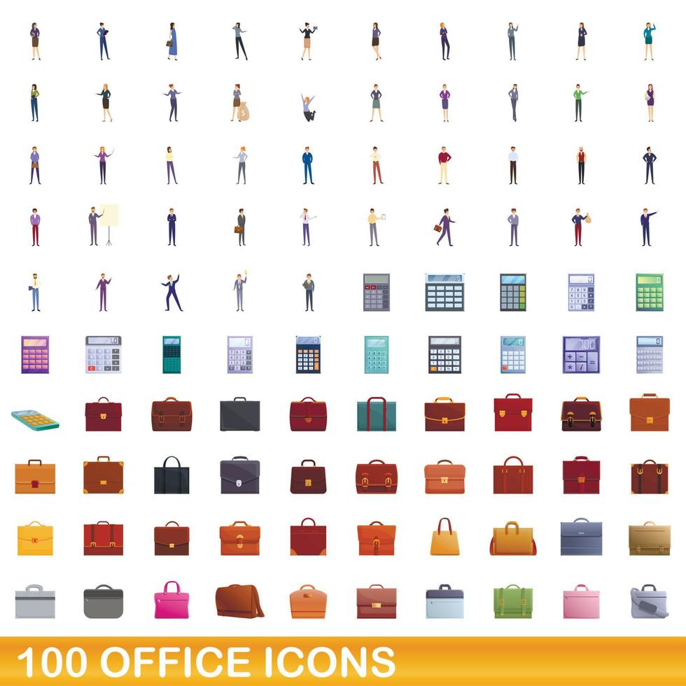 100 kantoor iconen set, cartoon stijl vector