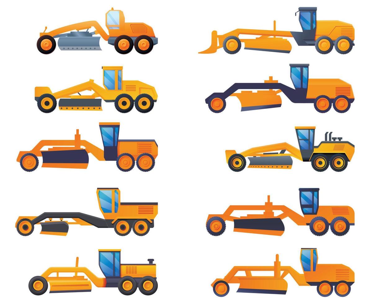 grader machine iconen set, cartoon stijl vector