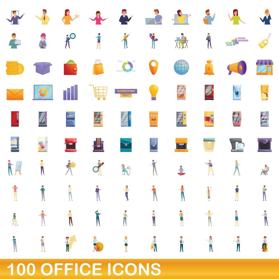 100 kantoor iconen set, cartoon stijl vector