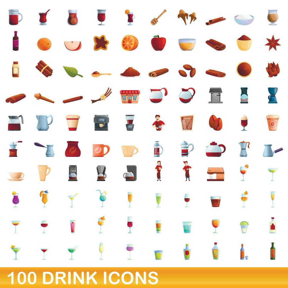 100 drank iconen set, cartoon stijl vector