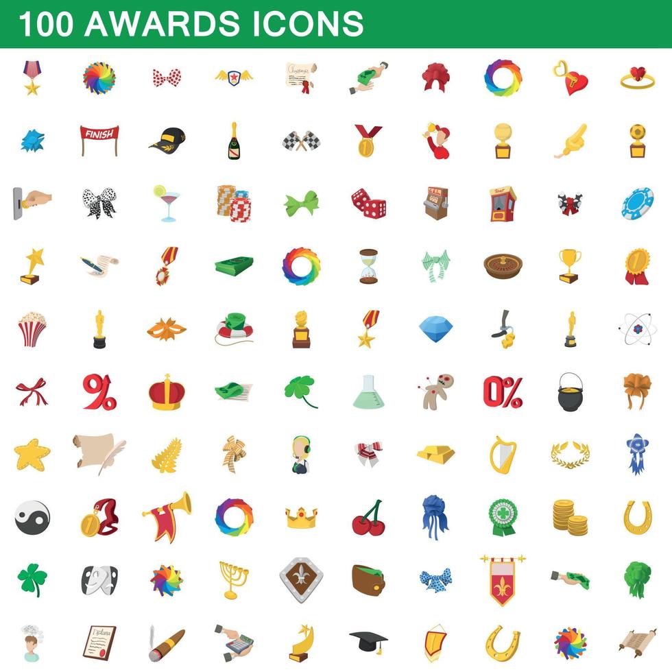 100 onderscheidingen iconen set, cartoon stijl vector