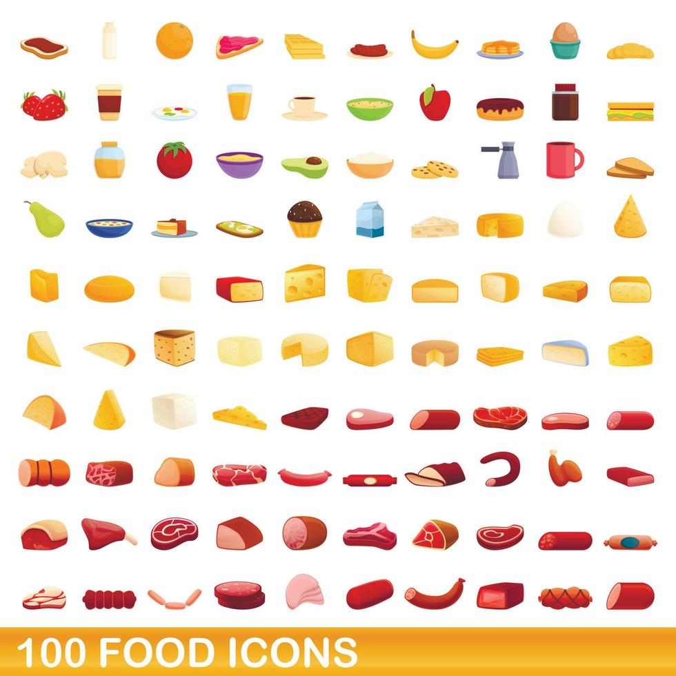 100 voedsel iconen set, cartoon stijl vector