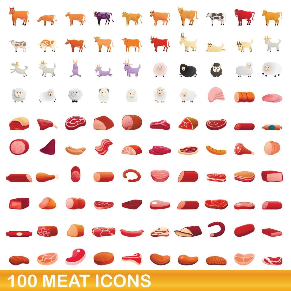 100 vlees iconen set, cartoon stijl vector