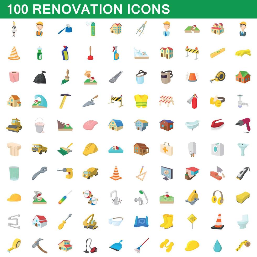 100 renovatie iconen set, cartoon stijl vector