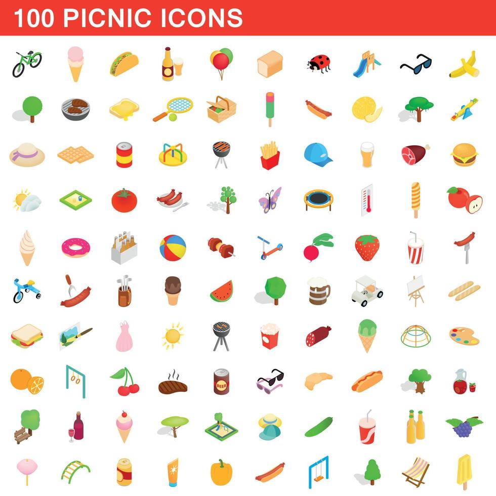 100 picknick iconen set, isometrische 3D-stijl vector