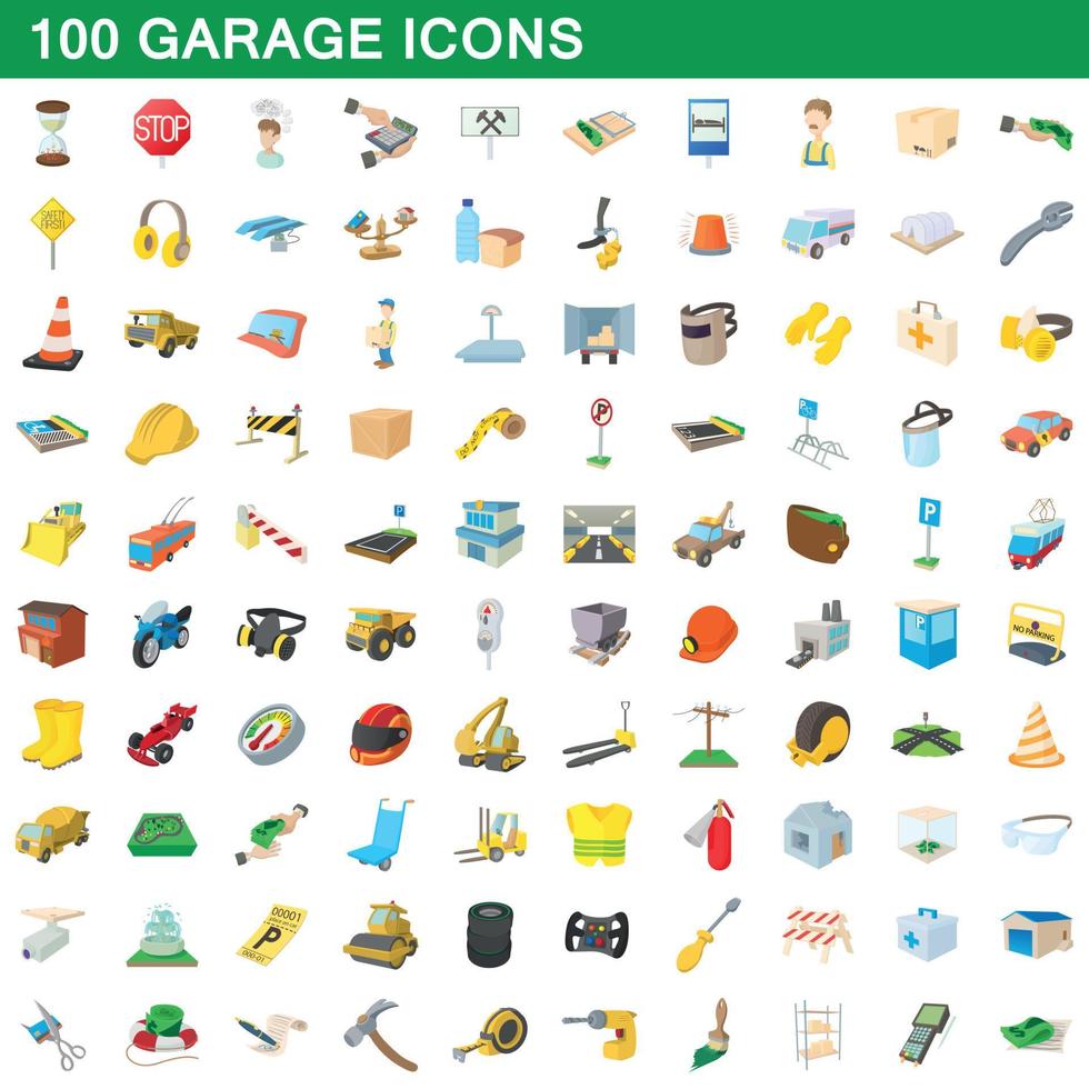 100 garage iconen set, cartoon stijl vector