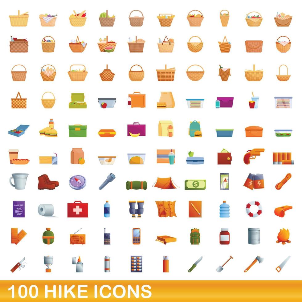 100 wandeling iconen set, cartoon stijl vector