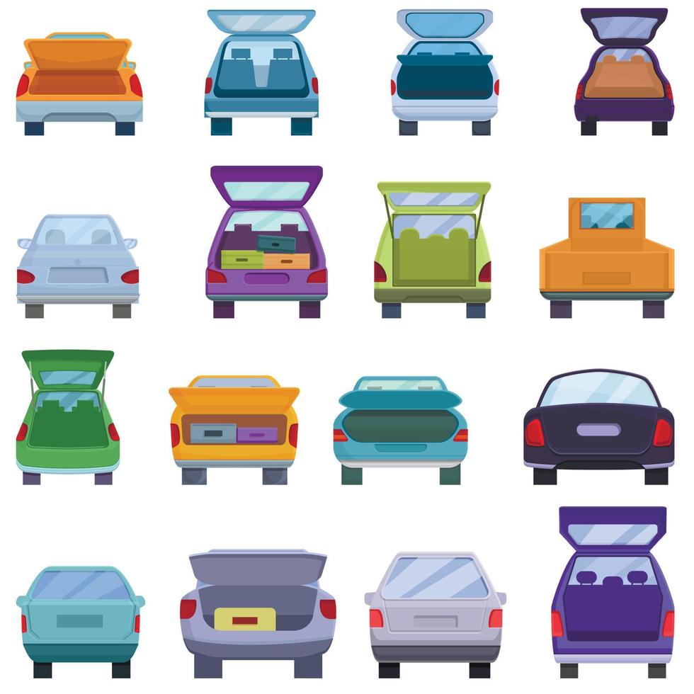 kofferbak auto iconen set, cartoon stijl vector