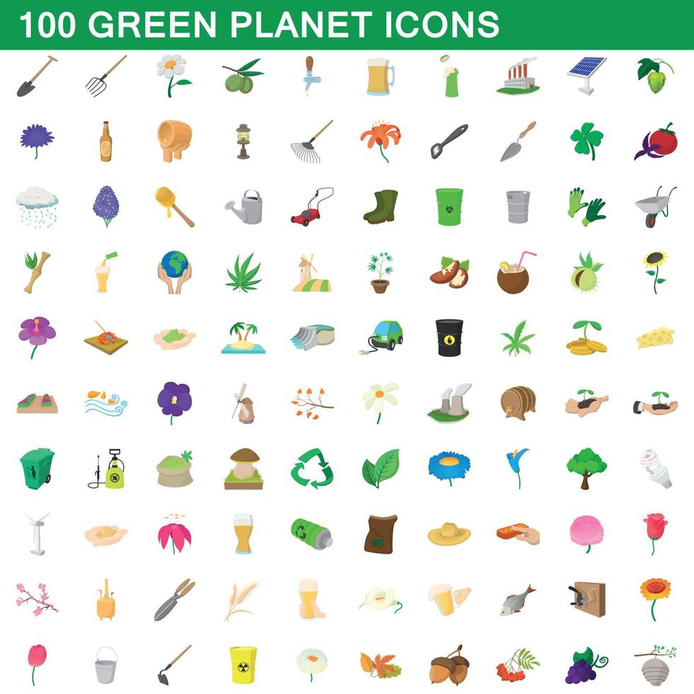 100 groene planeet iconen set, cartoon stijl vector