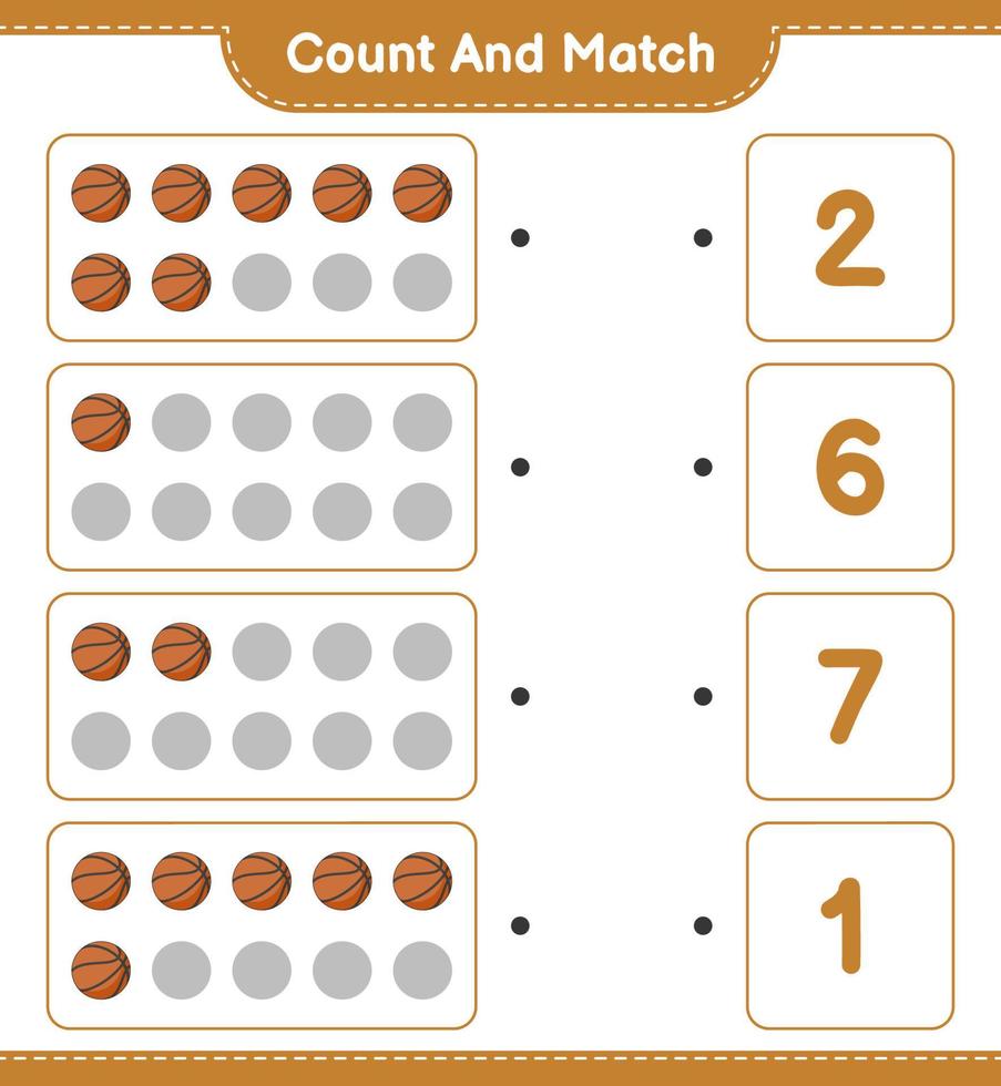 tel en match, tel het aantal basketbal en match met de juiste nummers. educatief kinderspel, afdrukbaar werkblad, vectorillustratie vector