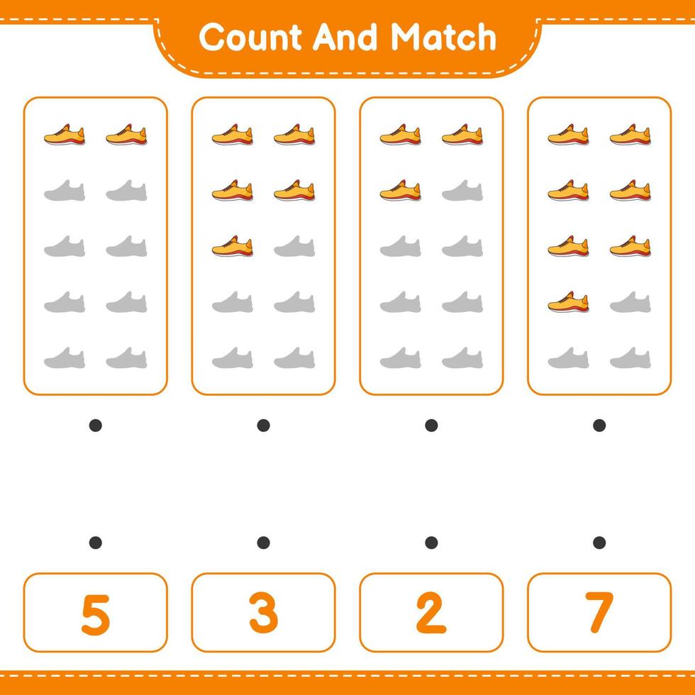 tel en match, tel het aantal hardloopschoenen en match met de juiste nummers. educatief kinderspel, afdrukbaar werkblad, vectorillustratie vector