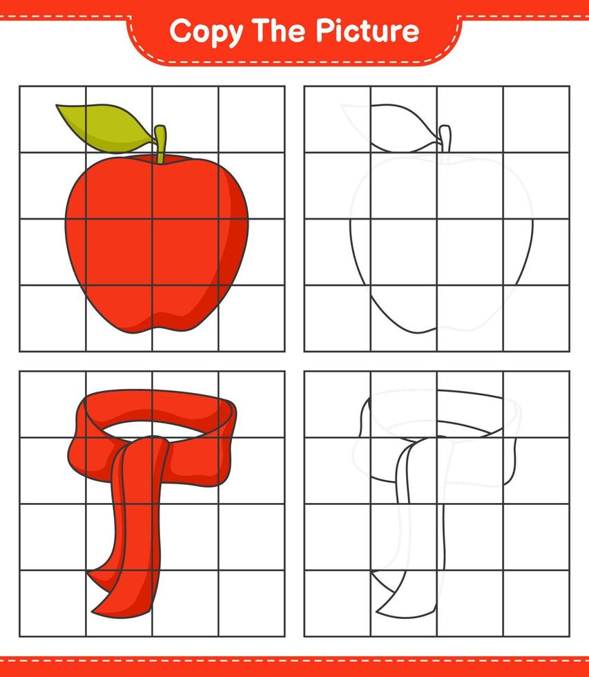 kopieer de afbeelding, kopieer de afbeelding van appel en sjaal met rasterlijnen. educatief kinderspel, afdrukbaar werkblad, vectorillustratie vector