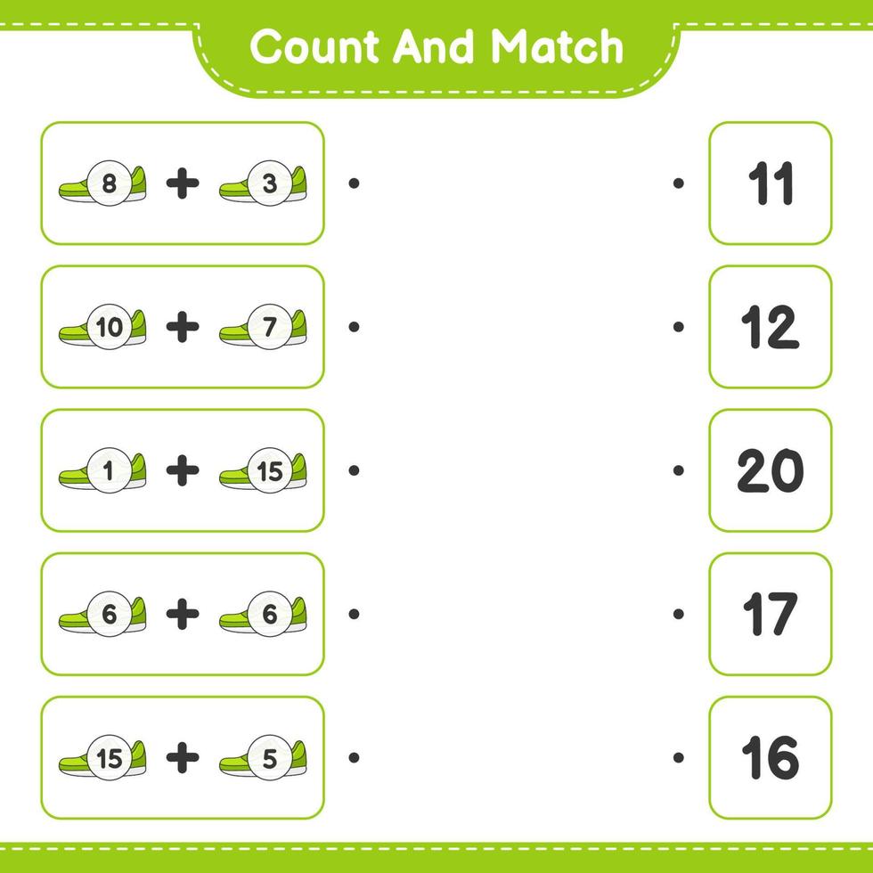 tel en match, tel het aantal sneakers en match met de juiste nummers. educatief kinderspel, afdrukbaar werkblad, vectorillustratie vector