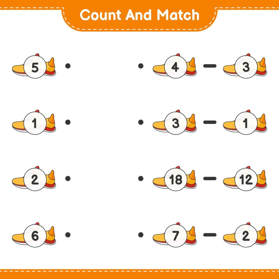 tel en match, tel het aantal hardloopschoenen en match met de juiste nummers. educatief kinderspel, afdrukbaar werkblad, vectorillustratie vector