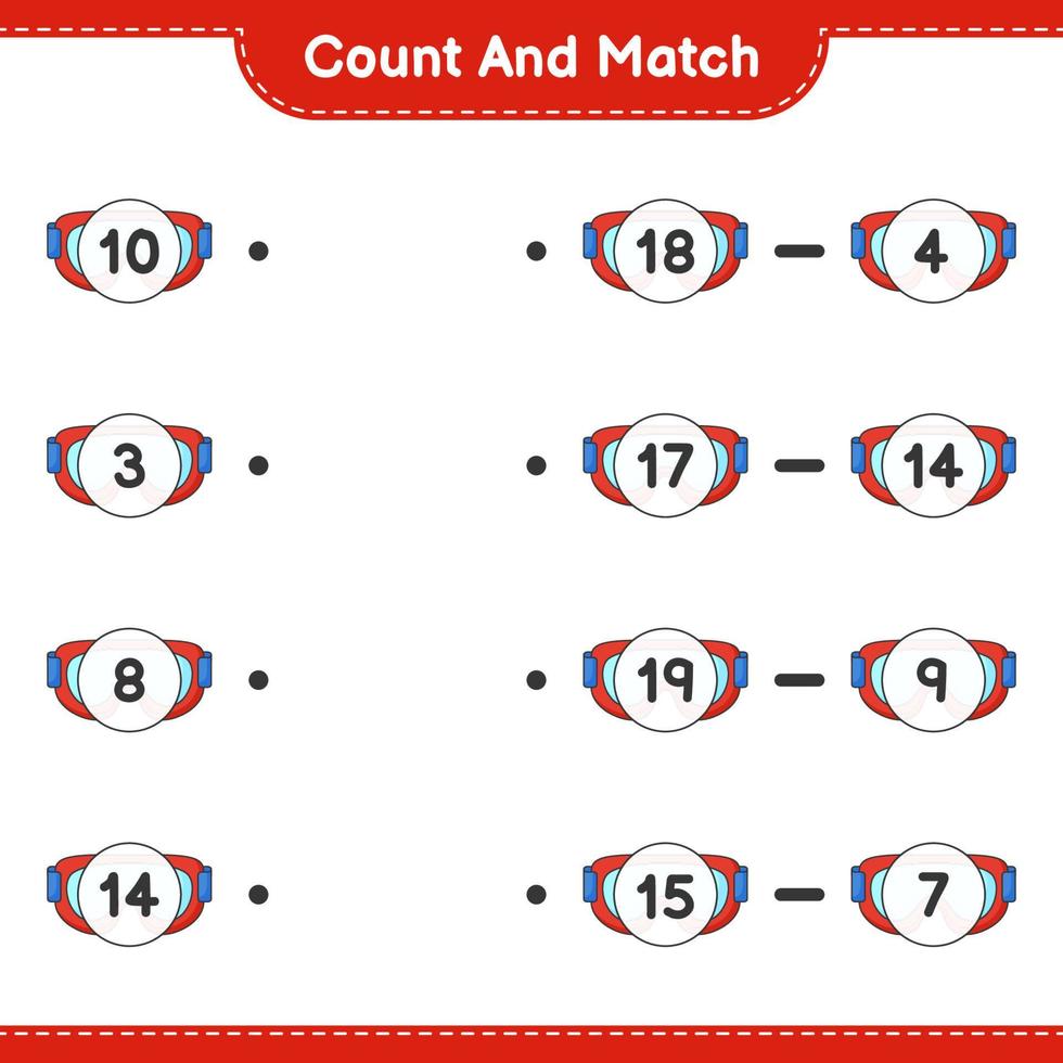 tel en match, tel het aantal brillen en match met de juiste nummers. educatief kinderspel, afdrukbaar werkblad, vectorillustratie vector