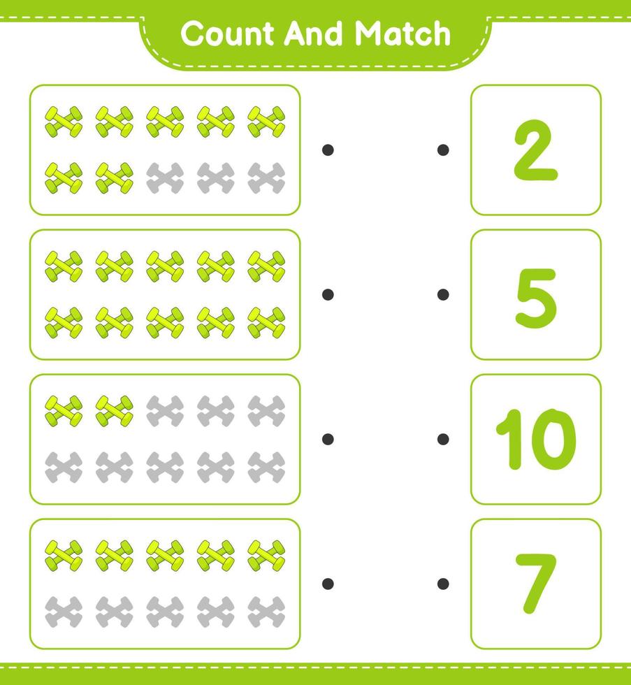 tel en match, tel het aantal dumbbells en match met de juiste nummers. educatief kinderspel, afdrukbaar werkblad, vectorillustratie vector