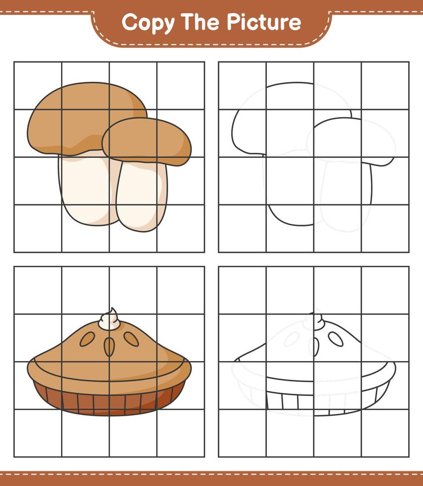 kopieer de afbeelding, kopieer de afbeelding van taart en champignon-boleet met rasterlijnen. educatief kinderspel, afdrukbaar werkblad, vectorillustratie vector