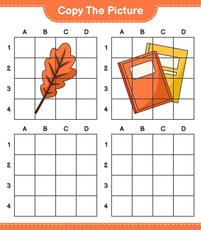 kopieer de afbeelding, kopieer de afbeelding van eikenblad en boek met rasterlijnen. educatief kinderspel, afdrukbaar werkblad, vectorillustratie vector