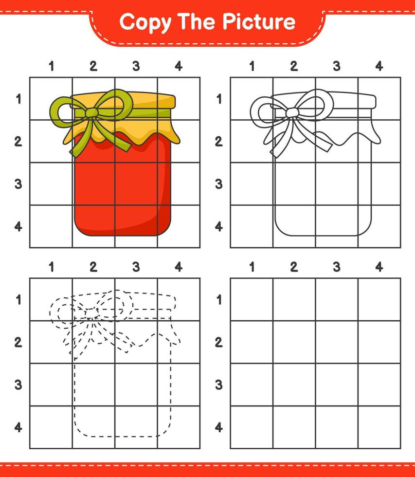 kopieer de afbeelding, kopieer de afbeelding van de jam met behulp van rasterlijnen. educatief kinderspel, afdrukbaar werkblad, vectorillustratie vector