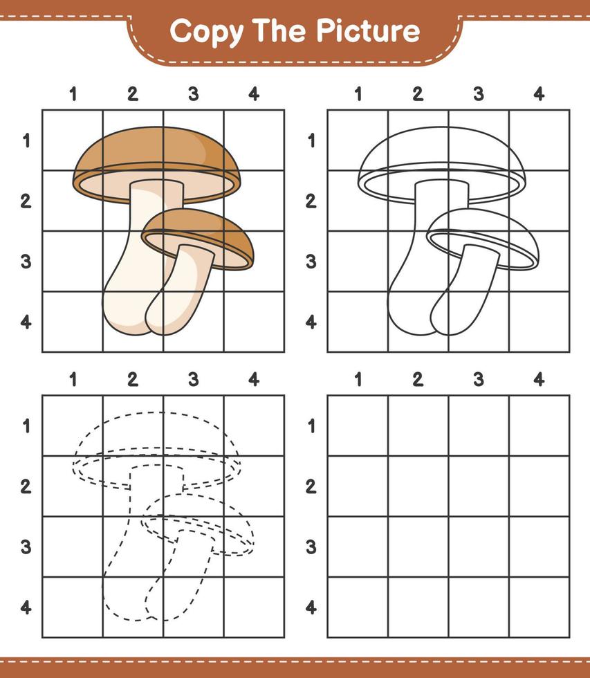 kopieer de afbeelding, kopieer de afbeelding van shiitake met rasterlijnen. educatief kinderspel, afdrukbaar werkblad, vectorillustratie vector