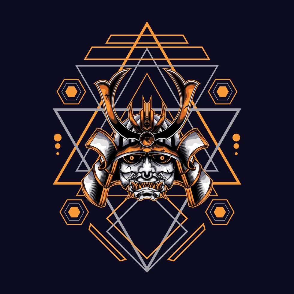 oni samurai hoofd met heilige geometrie sieraad voor behang, spandoek, t-shirt, poster, hoodie, tottebag, achtergrond, kaart, boekillustratie en webbestemmingspagina vector